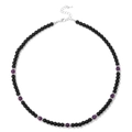 Elegant beaded necklace featuring black agate and purple crystals with silver metal spacers - Purple Crystal