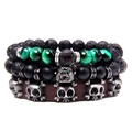 Dreiteiliges Herren-Armbandset mit grünem Tigerauge, schwarzem Achat und Lederarmband - Grünes Tigerauge Wolfskopf Armband (FD4424)