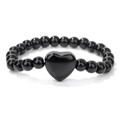 Poliertes schwarzes Edelstein-Perlenarmband mit einem 3D Herzanhänger Detail - Obsidian Stil (FD11328)