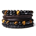 Böhmisches Mehrschicht-Armband-Set mit Tigerauge-Steinen, Lederbändern und Kreuzperlen - Gelbes Tigerauge Leder Armband (FD4424)