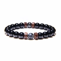 Bracciale da uomo con pietre laviche nere, perle marmorizzate e dischi in legno - Stile Perline Nere Lucide con Trama Marmo (FD0169-19cm)