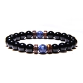 Bracciale da uomo con perline di lava nera, marmo blu e dischi in legno di cocco - Stile Perline Nere Lucide con Marmo Blu (FD0171-19cm)