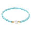 Bracelet bohème en perles de rocaille bleu ciel avec accents dorés et perle baroque - Bleu ciel