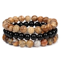 Dreiteiliges Set aus 8mm Natursteinperlen-Armbändern mit braunem Marmor und schwarzem Achat - Crazy Achat und Bilderstein (FK1201)