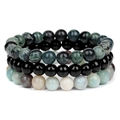 Dreiteiliges stapelbares 8mm Naturstein-Perlenarmband in Grün, Schwarz und Mehrfarbig - Grüner Texturierter Stein und Schwarzer Achat (FK1202)