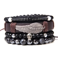 Böhmisches Schicht-Armbandset für Herren mit Natursteinperlen und Silberflügel-Anhänger - Feder Knochen Hämatit Armband (FD4424)