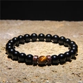 Bracciale da uomo con pietre vulcaniche nere, occhio di tigre e dischi di legno di cocco - Stile Perline Nere Lucide con Occhio di Tigre Giallo (FD0176-19cm)