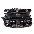 Herren Mehrlagiges Punk Armband-Set mit Leder, matten Perlen, Totenkopf und Kronenanhänger - Totenkopf Schwarzes Glas Strass Armband (FD4424)