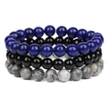 Dreiteiliges Set aus 8mm Naturstein-Perlenarmbändern in Blau, Schwarz und Marmorweiß - Lapislazuli-Imitat und Landkartenstein (FK1206)