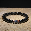 Bracciale energia yoga da uomo con perline nere e distanziatori in legno di cocco - Stile Perline Nere Lucide con Pietra Maculata Grigia (FD0179-19cm)