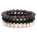 Dreiteiliges 8mm Naturstein-Armband-Set in Grau, Schwarz und cremefarbenem Weiß - Schwarzer Pfauenstein und Albit (FK1209)