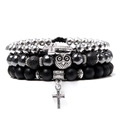 Dreiteiliges Herren-Perlenarmband-Set mit silbernen Kreuzanhängern und Eulenperle - Eule Kreuz Perlen Armband (FD4424)