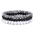 Set de 3 pulseras elásticas con cuentas de 8mm de mármol gris, obsidiana negra y turquesa blanca - Jaspe paisajista negro brillante howlita de 6 mm