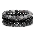 Dreiteiliges Set aus 8mm Naturstein-Perlenarmbändern in Schwarz, Grau und Marmor-Weiß - Landkartenstein und Labradorit (FK1210)