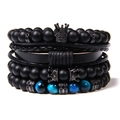 Herren Armband-Set aus schwarzen Perlen mit Kronenanhänger und blauen Tigerauge-Steinen - Mikro-eingelegte Schwarze Diamant Krone Leder Armband (FD4424)