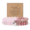 Zweilagiges Armband aus rosa Naturstein mit Herzanhänger und inspirierender Karte - Rosenquarz Holzmaserung Mit Karte