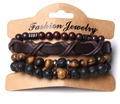 Vierteiliges Naturstein-Armband-Set mit braunem Lederwickel und Tigerauge-Steinen - Lavastein Tigerauge Leder Armband Set (FD4424)