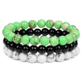 Dreiteiliges Set aus 8mm Natursteinperlen Armbändern mit grünen, schwarzen und weißen Marmor - Kaiserstein und Weißer Türkis (FK1211)