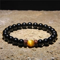 Bracciale da uomo con pietre vulcaniche nere, occhio di tigre dorato e legno - Stile Perline Nere Lucide con Occhio di Gatto Dorato (FD0183-19cm)