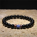Bracciale da uomo in pietre nere naturali con perla blu marmorizzata e distanziatori in cocco - Stile Perline Nere Lucide con Trama Pietra Blu (FD0184-19cm)