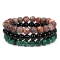Dreiteiliges Set aus 8mm Naturstein-Perlenarmbändern in Marmor, Schwarz und Grüntönen - Leopardenfellstein und Grüner Sesamsamenstein (FK1213)