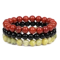 Dreiteiliges Set aus 8mm Natursteinperlen Armbändern in Rot-, Schwarz- und Grüntönen - Roter Stein und Strohgelber Türkis (FK1215)