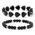 Elastisches Perlenarmband-Set mit schwarzen Herzperlen und polierten Silberelementen - Obsidian Herz Stil (FK2740)