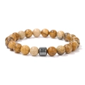 Vista macro di perle di occhio di tigre da 8 mm e ciondolo in ematite su un bracciale di perle - Mappa