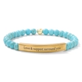 Close-up of engraved gold bar on blue turquoise bead bracelet with Love and support text - Gold Stainless Steel Bar / Blue Turquoise