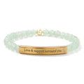 Close-up of engraved gold plaque on beaded bracelet with Love and Support text - Gold Stainless Steel Bar / Green Aventurine