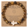 Tigerauge Perlenarmband mit Marmorkreuz auf einer Gott Segne Dich Geschenkkarte - Gelbes Tigerauge