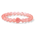 Elastic beaded bracelet with pink natural stones and a central heart shaped focal bead - Watermelon Red Heart