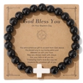 Religiöses Perlenarmband mit schwarzen Steinen und weißem Kreuz auf Segenskarte - Schwarzes Glas