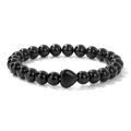 Handgefertigtes elastisches Armband mit polierten schwarzen Natursteinperlen und Herz - Schwarzes Glas Herz