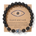 Bracelet perles noires polies avec main de Fatma argentée et œil bleu protecteur - Aspect Obsidienne Brillante (CCA180)