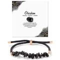 Detail of obsidian chip bracelet with adjustable gold clasp and informative crystal card - Obsidian