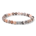 Detail of 6mm natural stone beaded bracelet with engraved silver mantra metal bead - Pink Zebra Jasper (CCA709)