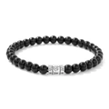 Detail of 6mm black natural stone beads with silver mantra engraved rectangle charm - Polished Black Agate (CCA710)