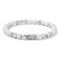 Close-up of 6mm white stone beads with silver mantra cylinder charm for yoga bracelet - White Turquoise (CCA713)