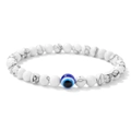 6mm weißes Natursteinperlen-Armband mit blauem Evil Eye Anhänger an elastischer Kordel - Synthetischer Weißer Türkis Böser Blick (6mm)