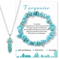 Natural turquoise crystal necklace and elastic bracelet set with a meaningful message card - Chip Bracelet + Hexagonal Point Necklace Set / Turquoise