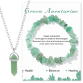 Green aventurine healing crystal necklace and beaded bracelet set on a card - Chip Bracelet + Hexagonal Point Necklace Set / Green Aventurine