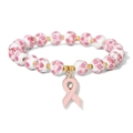 Pink sakura flower porcelain beaded bracelet with a pink ribbon awareness charm - Pink Ribbon Pink Floral Style (CCA902)