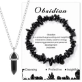 Natural black obsidian crystal jewelry set with hexagonal pendant necklace and chip bracelet - Chip Bracelet + Hexagonal Point Necklace Set / Obsidian