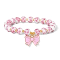 Sweet white ceramic bead bracelet with pink floral patterns and a pink bow charm - Sweet Bow Pink White Floral Style (CCA903)