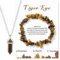 Tiger Eye stone set featuring a hexagonal prism pendant necklace and a fragment bead bracelet - Chip Bracelet + Hexagonal Point Necklace Set / Tiger Eye