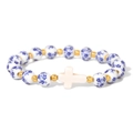Porcelain beaded bracelet with blue floral pattern, golden spacers and white cross charm - Cross Blue White Porcelain Style (CCA907)