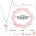 Rose quartz necklace and stretch bracelet set with descriptive harmony and love card - Chip Bracelet + Hexagonal Point Necklace Set / Rose Quartz