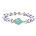Handmade elastic beaded bracelet with turquoise turtle and blue porcelain floral beads - Turquoise Turtle Blue Floral Style (CCA908)