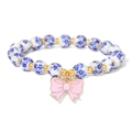 Blue floral porcelain beaded bracelet with pink enamel bow charm for women - Pink Bow Blue White Floral Style (CCA909)